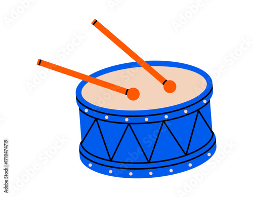 Hand drawn cute illustration of kids drum. Flat vector percussion instrument with drumstick sticker doodle. Music toy. Party or festival performance concept icon. Attention sound. Isolated.