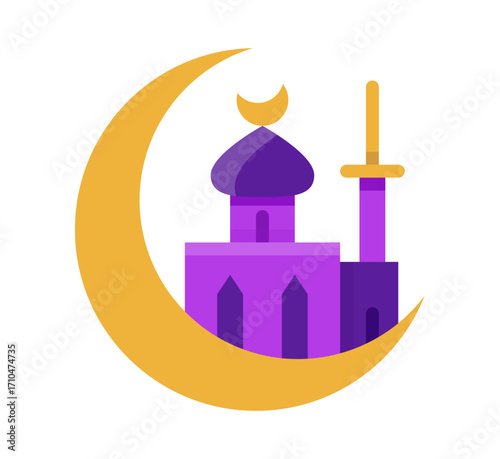 Captivating Islamic crescent moon embracing a vibrant mosque, symbolizing faith and culture with elegant simplicity.