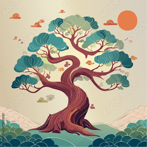Traditional Japanese tree illustration in ukiyo-e style, with elegant flowing branches and stylized leaves