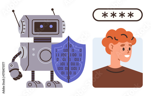 Robot holding binary shield near user profile and asterisk password field. Ideal for cybersecurity, data protection, online privacy, identity safety, AI, encryption, secure access. Clean flat