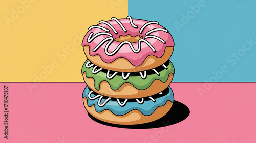 A vibrant stack of three donuts with pink, green, and blue frosting, isolated on white background, against a colorful background