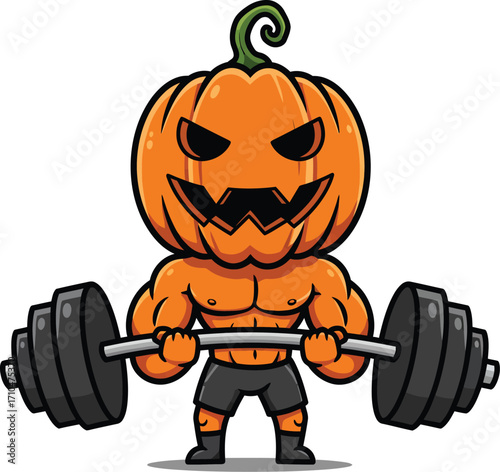 Cartoon Orange Pumpkin Head Lifting Barbell Character Illustration with Muscular Body