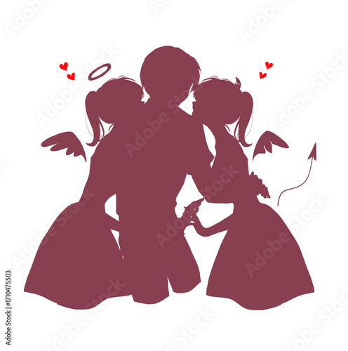 天使と悪魔に挟まれている男性　シルエット