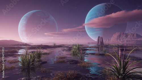 A serene alien landscape with two large planets in the sky, reflecting in the water, creating a peaceful and otherworldly atmosphere