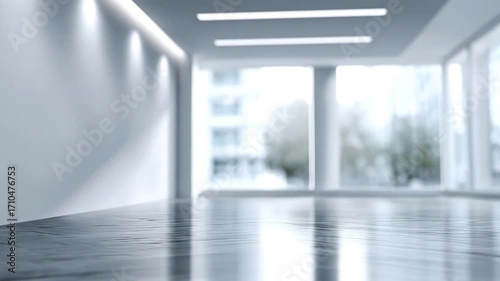 Bright modern office space with a glossy floor white walls and large windows