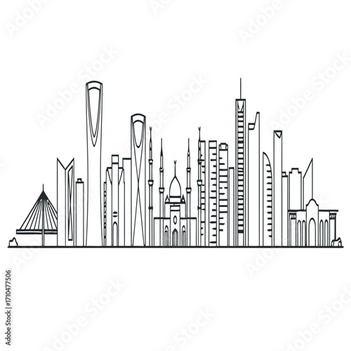 doha city skyline line art depicting skyscrapers against a white background showing urban planning and tourism appeal