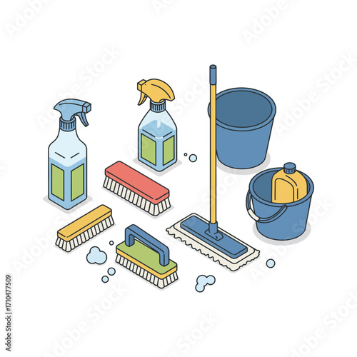 cleaning supplies set includes bucket mop spray bottles and scrub brushes for home cleaning tasks