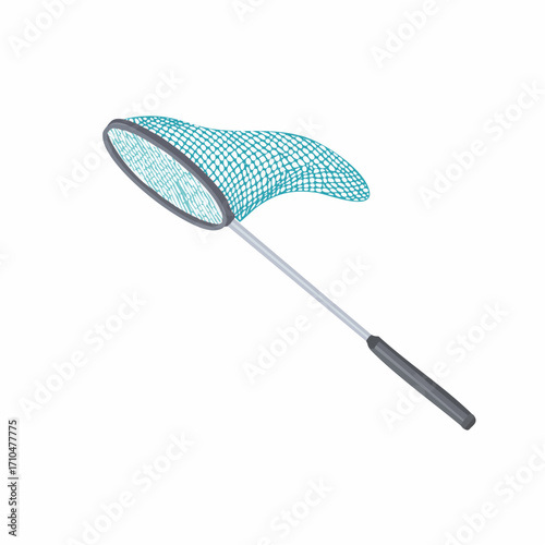 A close-up of a turquoise butterfly net with a gray handle on a white background, used for catching insects.
