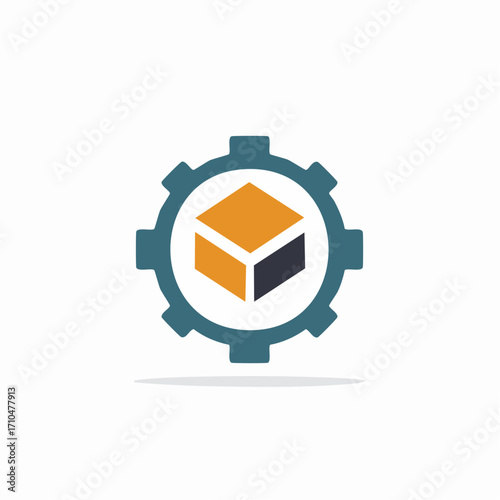 Abstract gear with a three dimensional box icon symbolizing industrial settings logistics and technology solutions