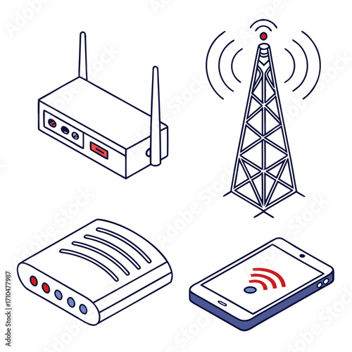 Connectivity & Networking
“Vector icon pack — WiFi router, mesh network, signal tower, Bluetooth device, 5G connection 