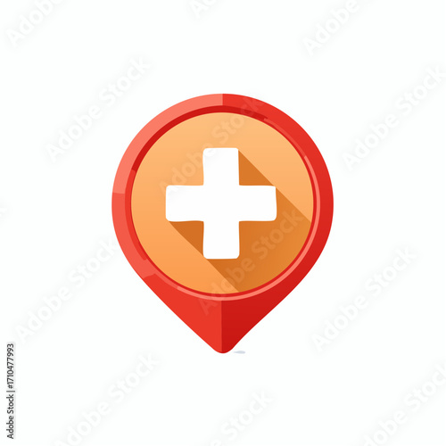 Medical clinic and pharmacy locator map pin icon with plus sign