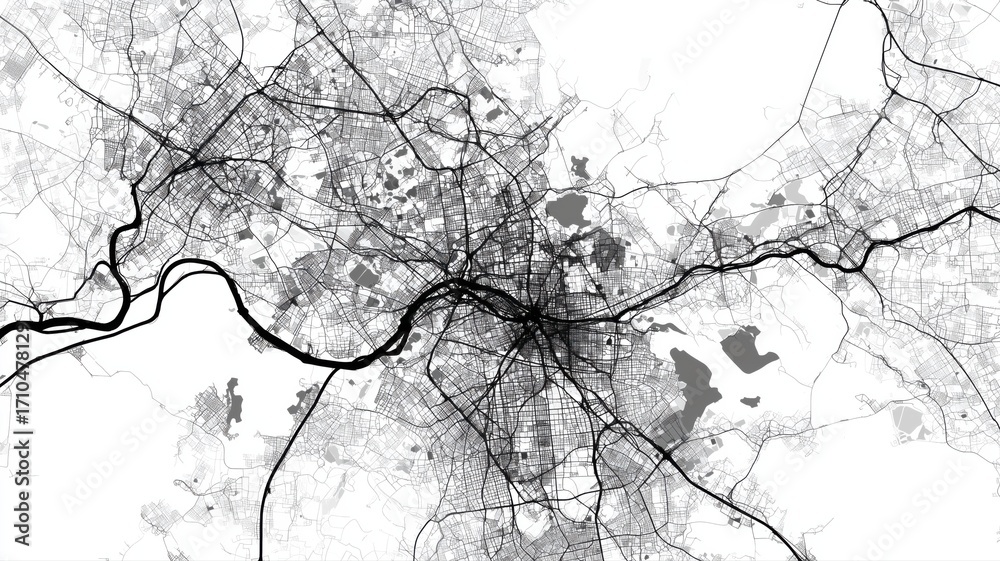 Fototapeta premium 詳細な都市の道路地図の白黒イラスト。地理情報や都市計画資料に最適な背景素材。