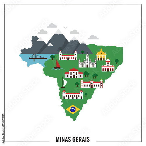 minas gerais map iconic landmarks bridge mountains buildings brazilian flag tourism travel illustrations