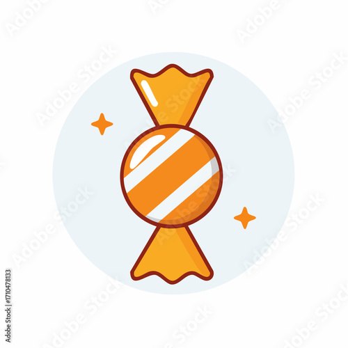 Delicious orange striped hard candy wrapped in shiny golden paper with bright sparkles