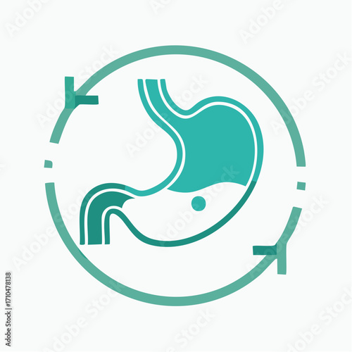 Teal graphical human stomach within teal circular design medical illustration