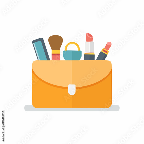 Vibrant cartoon makeup bag with lipstick, brush, and beauty essentials illustration.