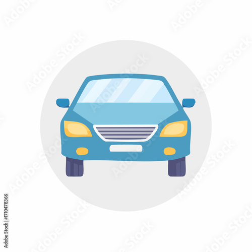 Blue Car Illustration Front View on Light Gray Circle for Transportation or Automotive Concepts