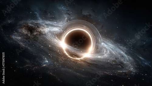Realistic black hole with glowing white ring and swirling cosmic dust, surrounded by galaxies and stars, symbolizing space portal or otherworldly dimension