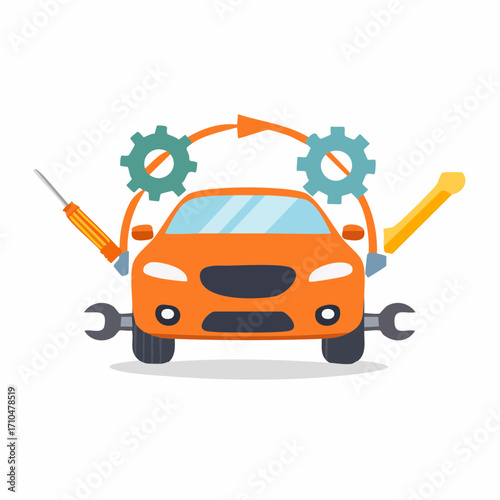 Car repair process concept showing vehicle service with wrenches and gears and an orange car