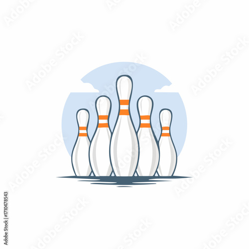Stylized bowling pins ready for bowling alley action with soft blue circle