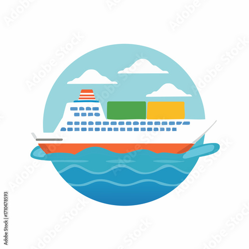 Modern cargo ship sailing on blue ocean waves under a clear sky with clouds