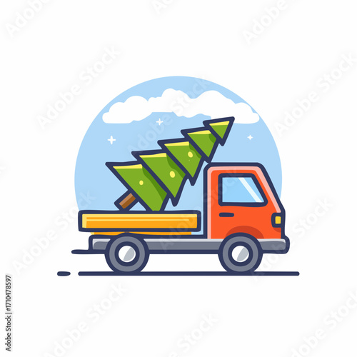 Christmas tree delivery truck moving a festive evergreen tree during winter season