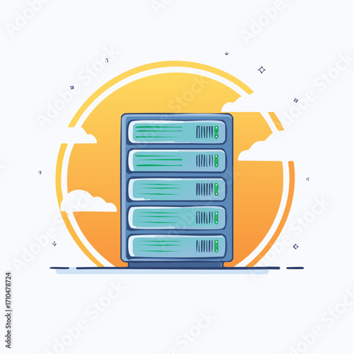 Stylized Server Rack Illustration Against a Cloud Background with Hosting and Storage Theme, IT Concept