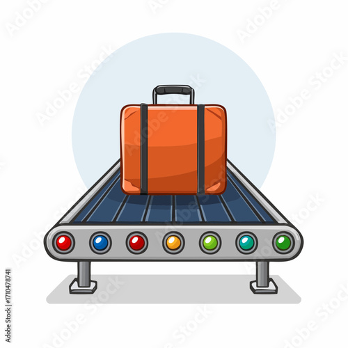 Vibrant Orange Suitcase Traveling on Automated Baggage Claim Conveyor System with Colorful Lights