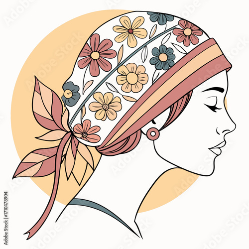 Woman with floral headscarf in retro style