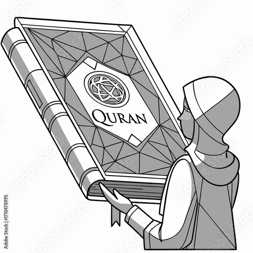 Woman holding a large quran book with geometric patterns in grayscale