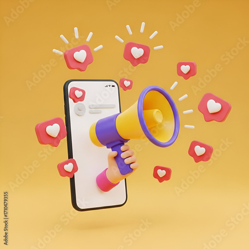 Hand holding a megaphone coming out of a smartphone screen with social media like icons
