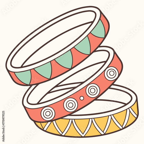Stack of colorful bangles with different patterns