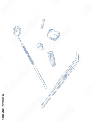 Dental implant structure with dentist mirror and tweezers drawing in graphic style with blue on white background.