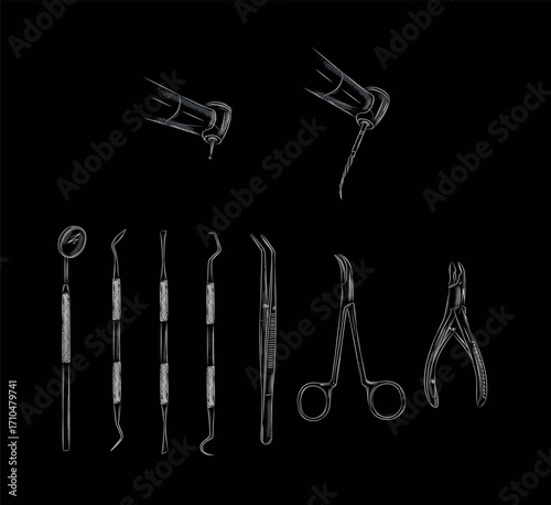 Dentist surgery and dental treatment tools illustration drawing in graphic style with white on black background.