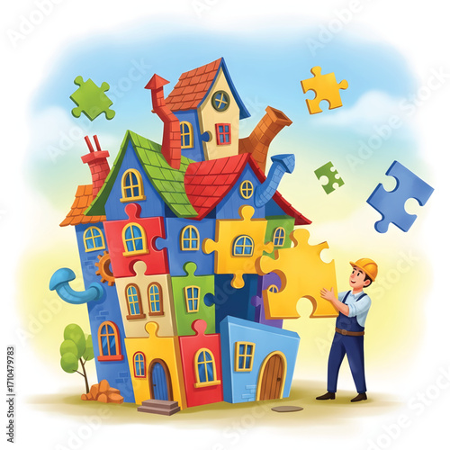 Colorful puzzle house construction, a worker placing a final piece.