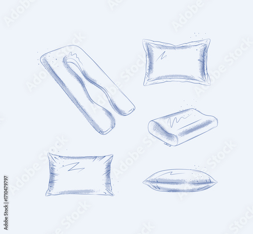 Pillows elements set with pregnancy regular and orthopedic pillow for bedroom drawn in graphic style on blue background