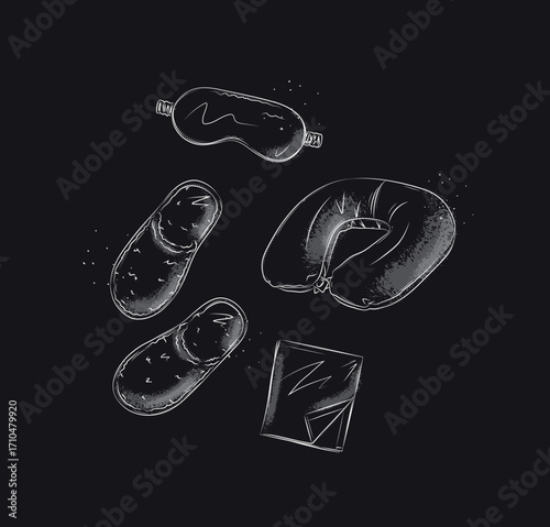 Travel sleeping accessories set for resting with sleep mask for eyes, sheet, slippers, neck pillow drawn in graphic style on black background