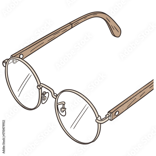Illustration of round wooden framed glasses with clear lenses on
