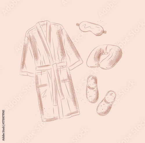 Sleeping house accessories set for resting with sleep mask for eyes, bathrobe, slippers, neck pillow drawn in graphic style on beige background