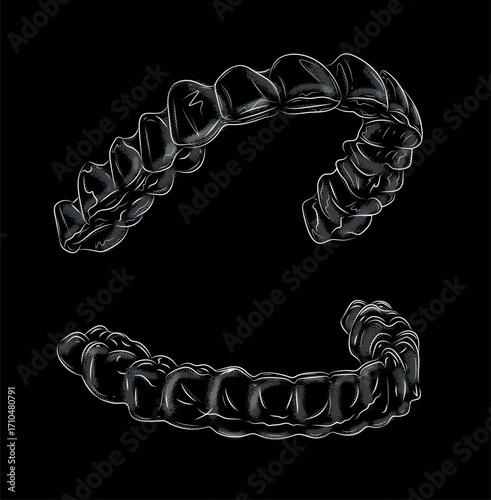 Dental whitening tray for upper and lower teeth illustration drawing in graphic style with white on black background.