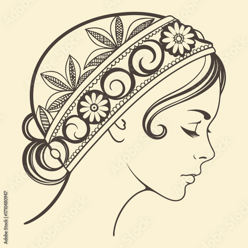 Elegant woman with floral headband in vintage style illustration, side profile