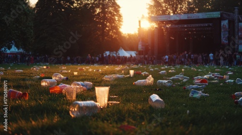 Fototapeta Naklejka Na Ścianę i Meble -  Plastic Waste on Grass Field after Outdoor Event