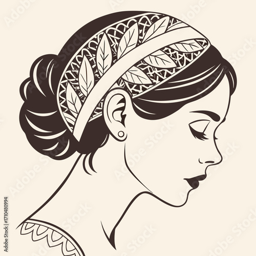 Elegant woman with a decorative headband in a vintage style illustration