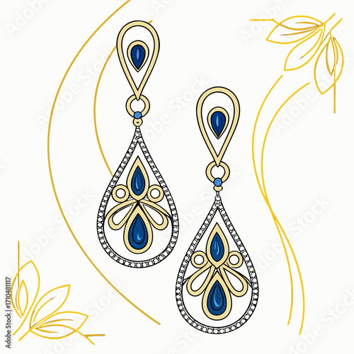 Elegant gold earrings with blue gemstones and floral accents on