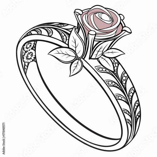 Elegant engagement ring with a rose and a light pink gemstone