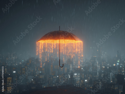 Glowing digital umbrella shields futuristic city from binary rain in cinematic lighting