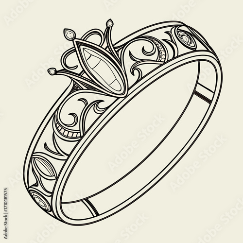 Detailed drawing of a ring with a large gemstone on a beige background