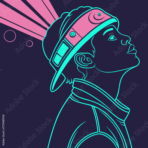 A person with a hat looking up at the sky with light rays shining down