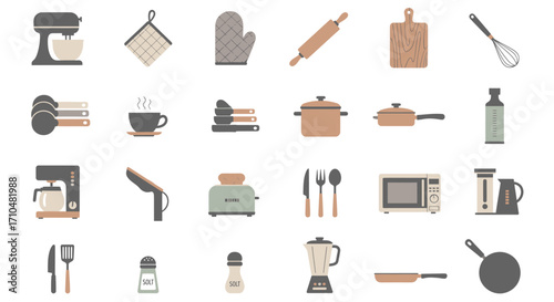 Collection of modern kitchen utensils and appliances isolated on white background