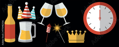Festive New Year celebration decoration set with cake drinks music gifts balloons fireworks and party invitation elements isolated on transparent background